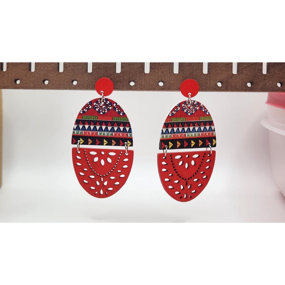 Boho Red Geometric Pattern Laser Cut Wood Dangle Earrings Western Tribal Jewelry